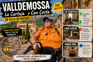 Miguel Nonay recorriendo Valldemossa en silla de ruedas entre calles empedradas de Mallorca