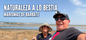 Miguel Nonay y Eva junto a las Marismas de Barbate, con un flamenco volando sobre ellos.